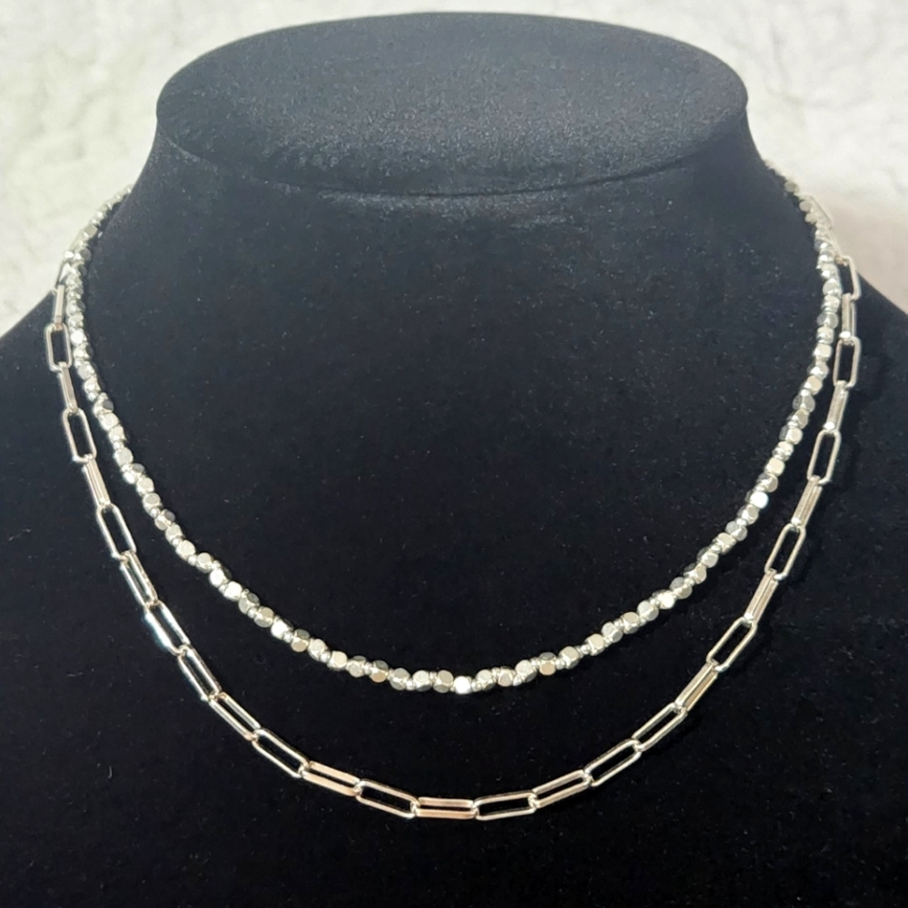 Silver Tone Layered Necklace Chains Nugget Beads Adjustable